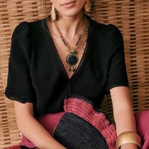 Sezane Tina Blouse Black Lace Trim V-Neckline Size 36 French US 4 Top Minimalist